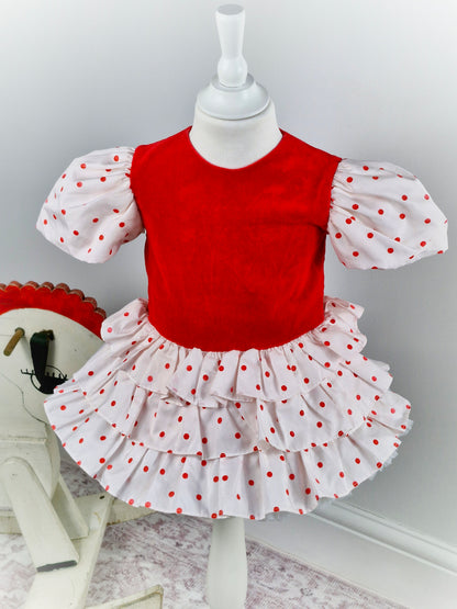 2 years. Vintage Christian Dior. Red velour with white puff sleeves, layered skirt and red polka dots