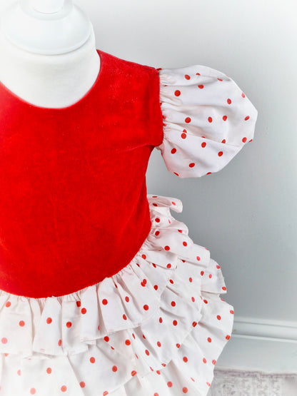 2 years. Vintage Christian Dior. Red velour with white puff sleeves, layered skirt and red polka dots