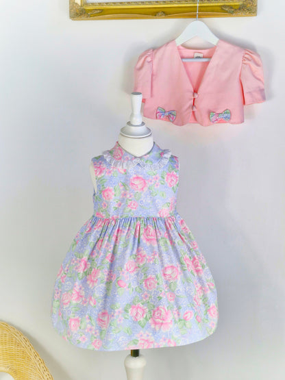 3 years. Two piece vintage set. Floral sleeveless pastel dress with frill collar and matching pink jacket with bows