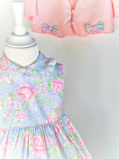 3 years. Two piece vintage set. Floral sleeveless pastel dress with frill collar and matching pink jacket with bows