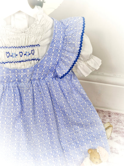 18-24 months. Blue and white vintage smocked dress by Polly Flinders