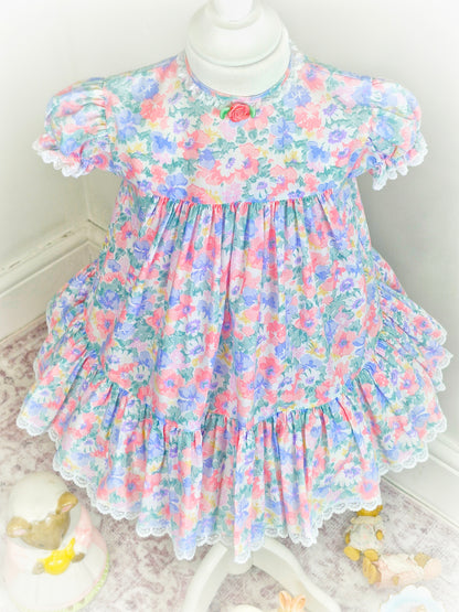 2-3 years. Pastel floral Bryan, vintage dress with dainty white lace trim