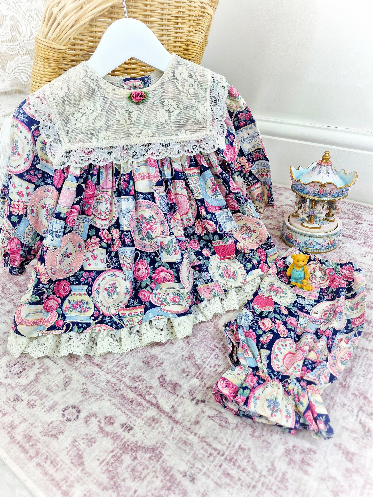 1-2 years. Two-piece Vintage Jolene set, dress and bloomers with lace bib