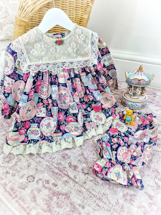 1-2 years. Two-piece Vintage Jolene set, dress and bloomers with lace bib