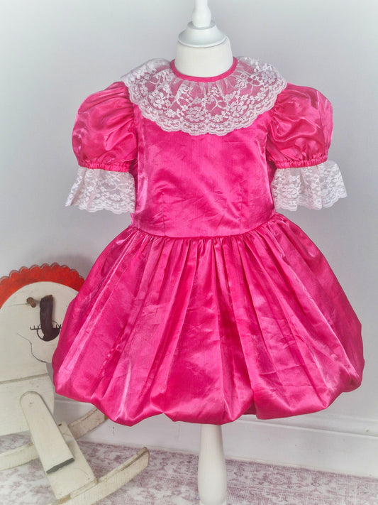 5 years. Hot pink vintage dress with bubble hem and white lace neckline