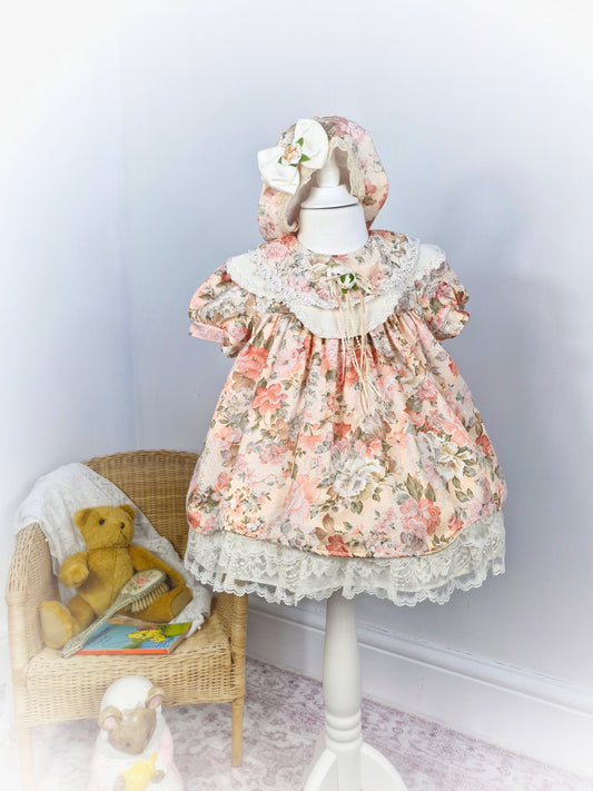2-3 years. Peach floral vintage dress and matching hat