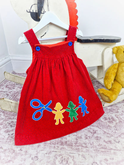 3 years. Red vintage polka dot pinafore dress with paper dolls