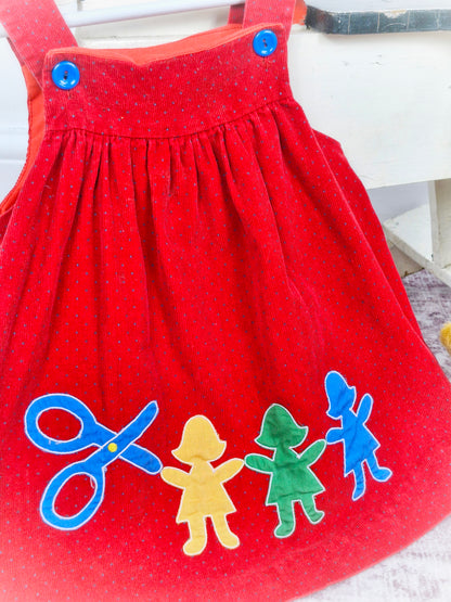 3 years. Red vintage polka dot pinafore dress with paper dolls