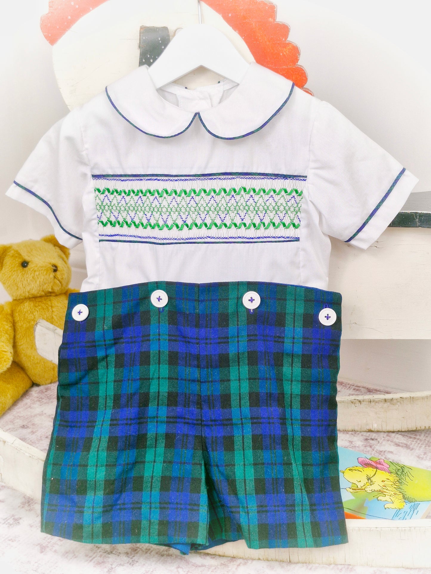 3 years. Diane Lewis set, white smocked shirt with blue and green tartan shorts