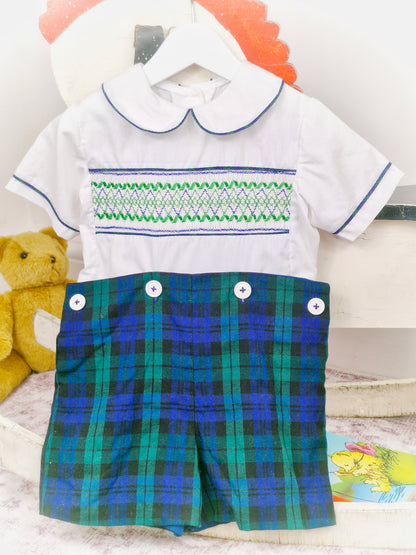 3 years. Diane Lewis set, white smocked shirt with blue and green tartan shorts