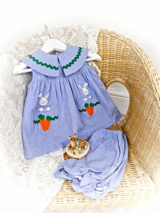 9-12 months. Two-piece vintage Baby Crew set. Blue sleeveless with bunny's and carrots