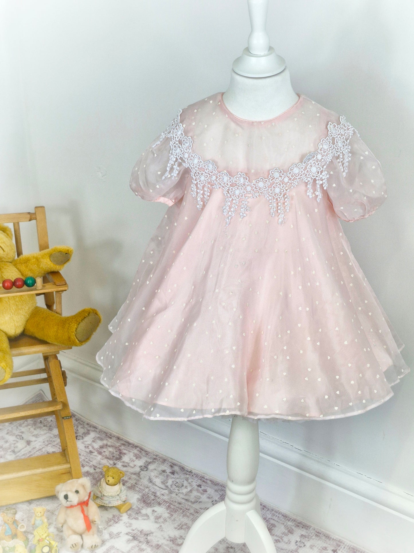3 years. Pink vintage sheer dress with white hearts and lace details