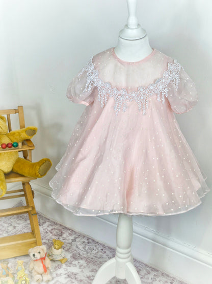 3 years. Pink vintage sheer dress with white hearts and lace details