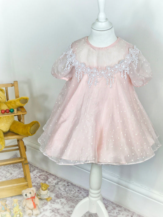 3 years. Pink vintage sheer dress with white hearts and lace details
