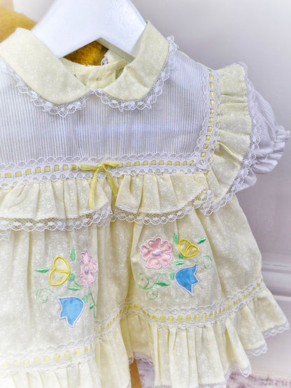 3-6 months. Lemon and white vintage dress by Cradle Togs with lace, flowers and ruffles
