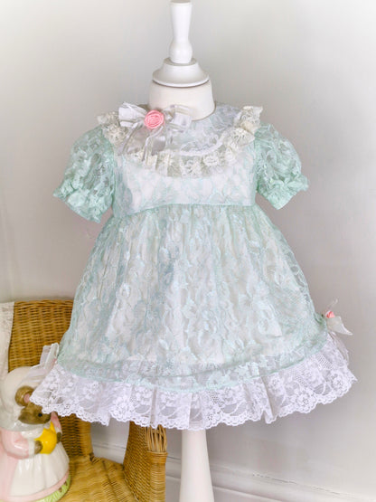 18-24 months/2 years. Mint and white lace vintage dress by Sarah Kent with pink roses