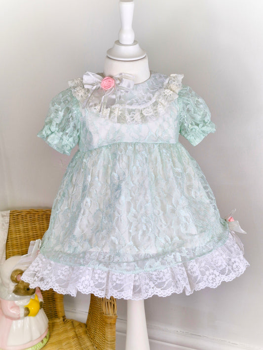 18-24 months/2 years. Mint and white lace vintage dress by Sarah Kent with pink roses