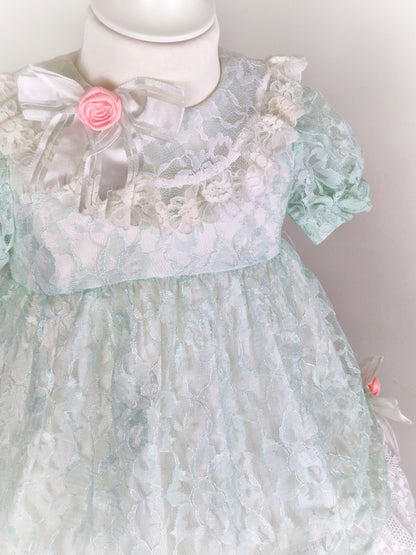 18-24 months/2 years. Mint and white lace vintage dress by Sarah Kent with pink roses