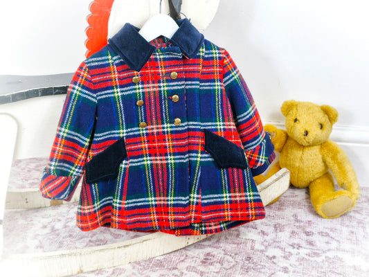 18-24 months. Navy, red and white tartan vintage coat with gold buttons