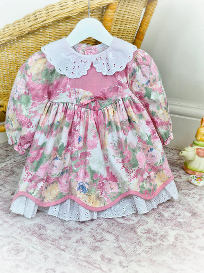 2 years. Dusky pink floral vintage dress by Little Love with white scalloped collar and eyelet lace trim