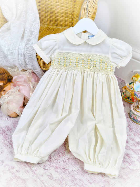 3-6 months. Lemon smocked vintage romper from Friedknit Creations with puff sleeves and Peter Pan collar