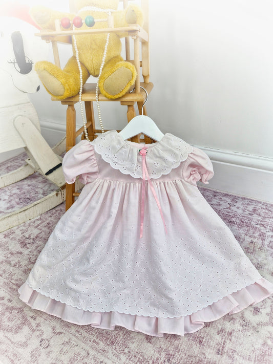 2 years. Pink and white vintage Jolene with broderie anglais details, rosette and satin ribbon