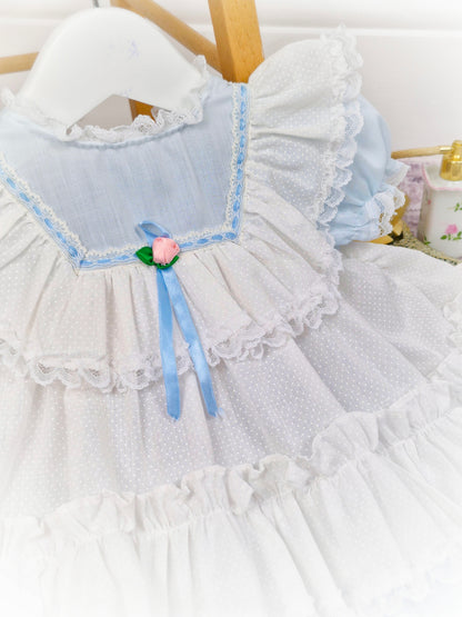 9-12 months. White and blue vintage dress with ruffles, lace and satin ribbon