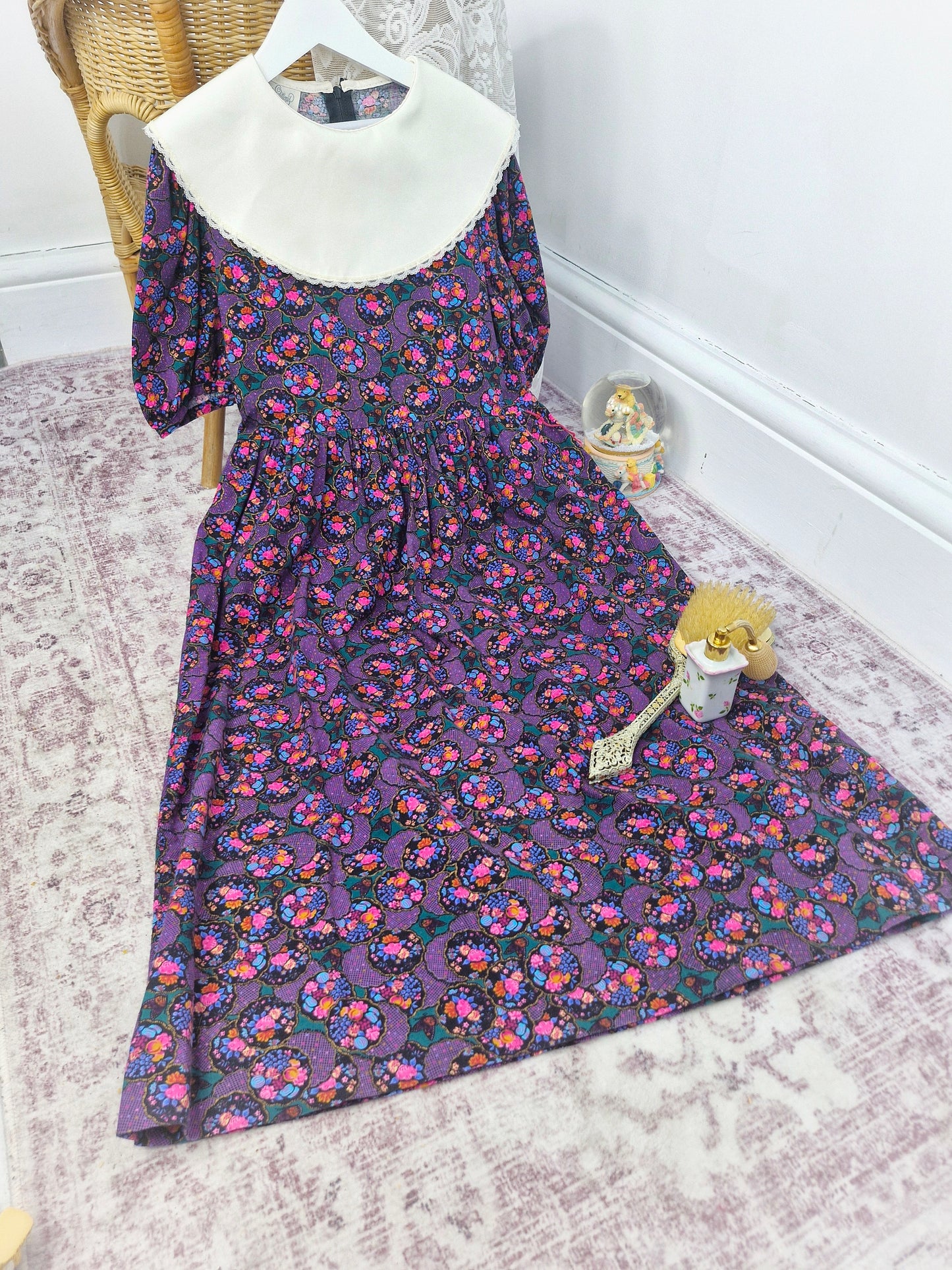 10 years. Vintage Rare Editions maxi dress, black with vibrant floral print with white bib