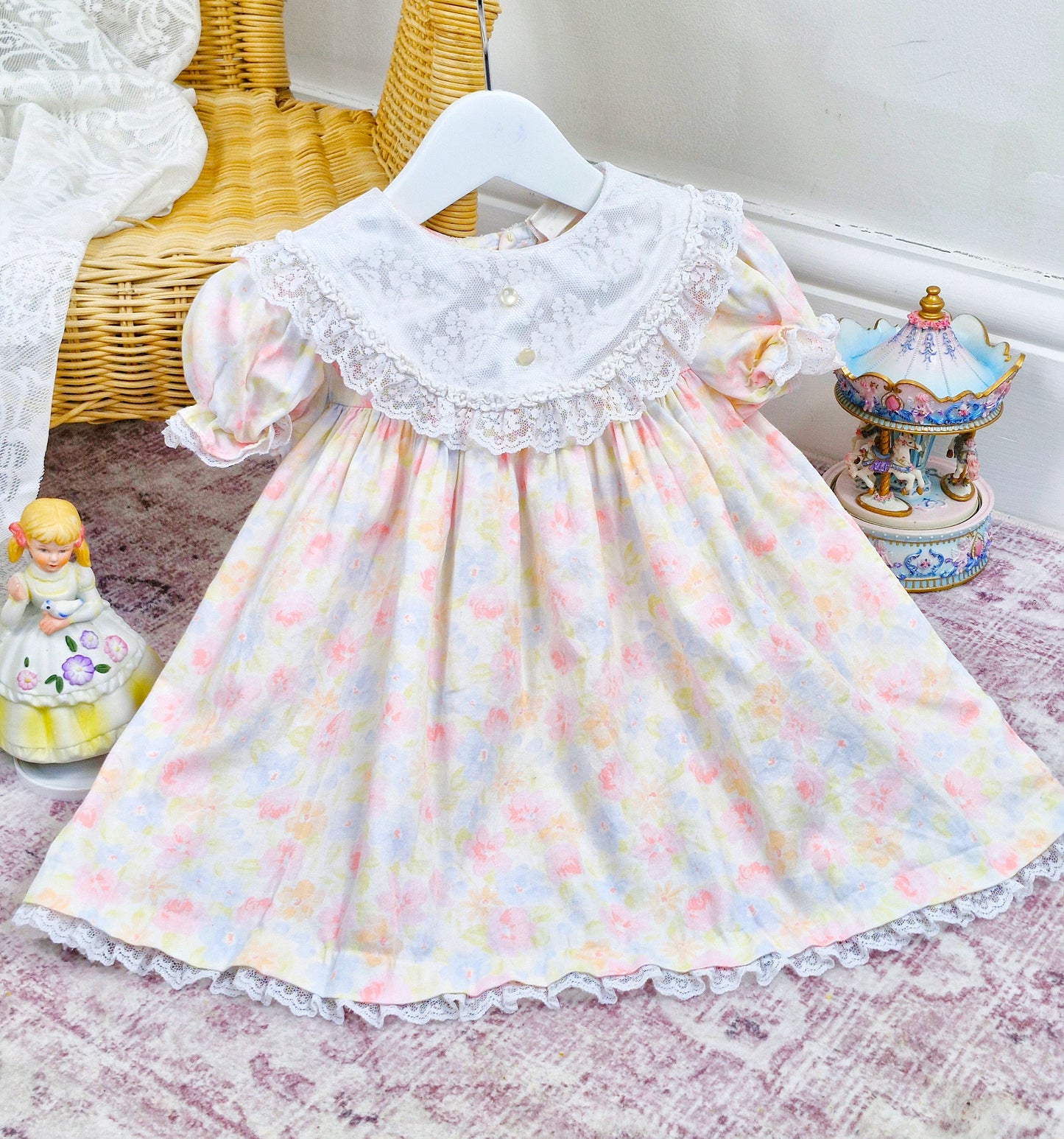 18-24 months/2 years. Watercolour pastel floral vintage dress with white lace bib and trim