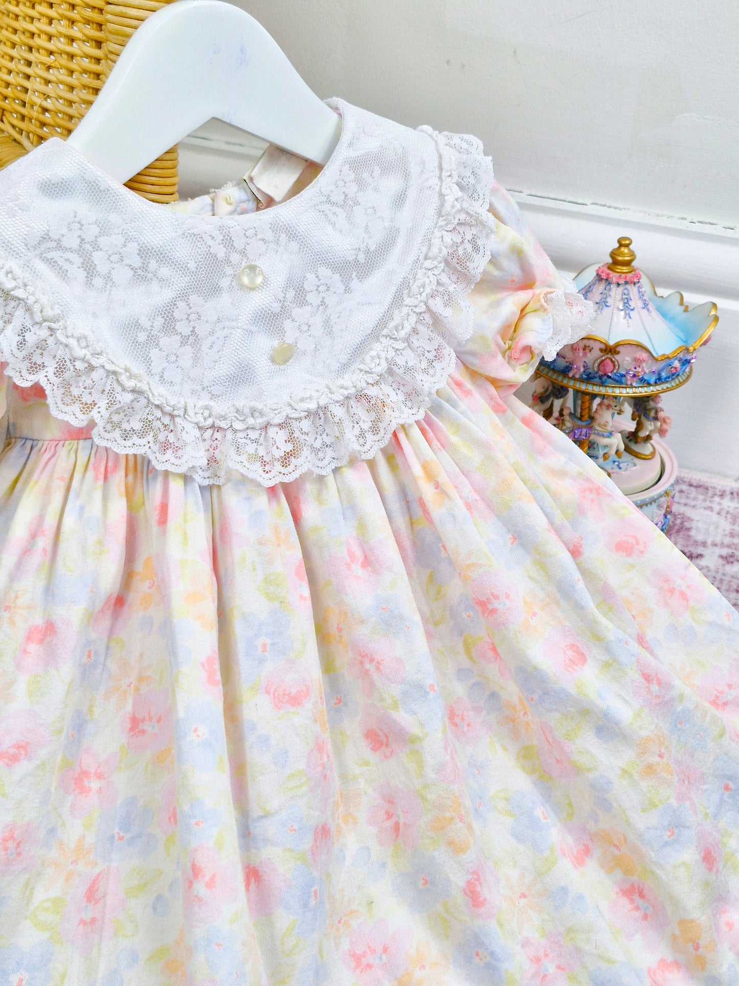 18-24 months/2 years. Watercolour pastel floral vintage dress with white lace bib and trim