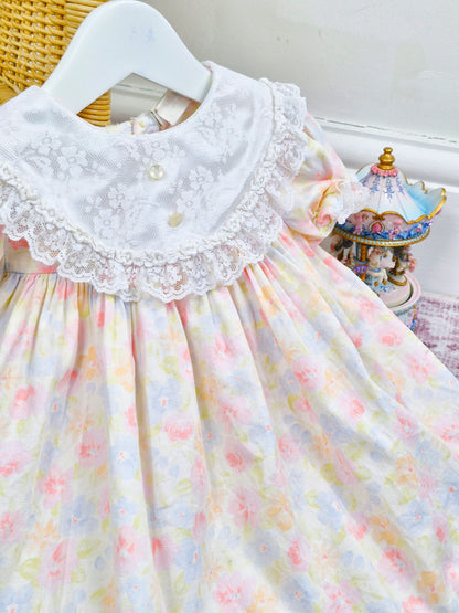 18-24 months/2 years. Watercolour pastel floral vintage dress with white lace bib and trim