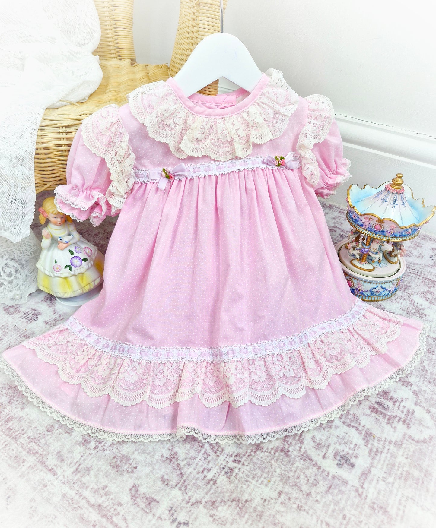 18 months. Pink polka dot vintage dress by Claire Bell with white and cream lace details