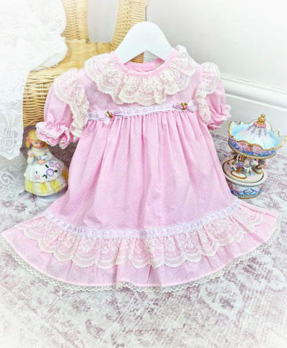 18 months. Pink polka dot vintage dress by Claire Bell with white and cream lace details