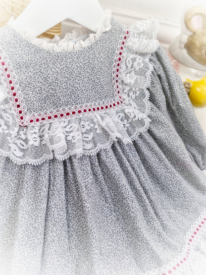 18 months. Grey floral vintage Bryan dress with white lace details and deep red ribbon