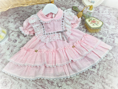 6-9 months. Pink frilly vintage dress with white lace and grey satin ribbon