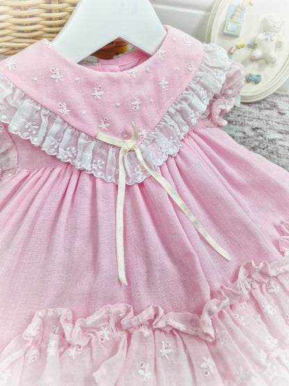 12 months. Pink frilly vintage dress from Hugs & Kisses with ruffles and lace