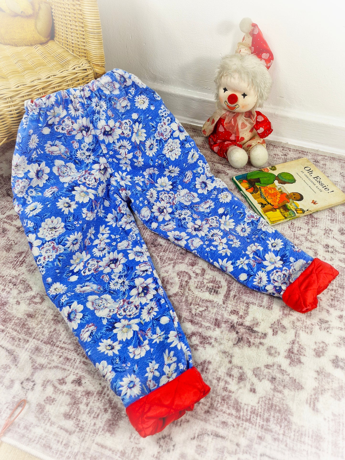 4-5 years. Blue floral vintage trousers with red padded lining