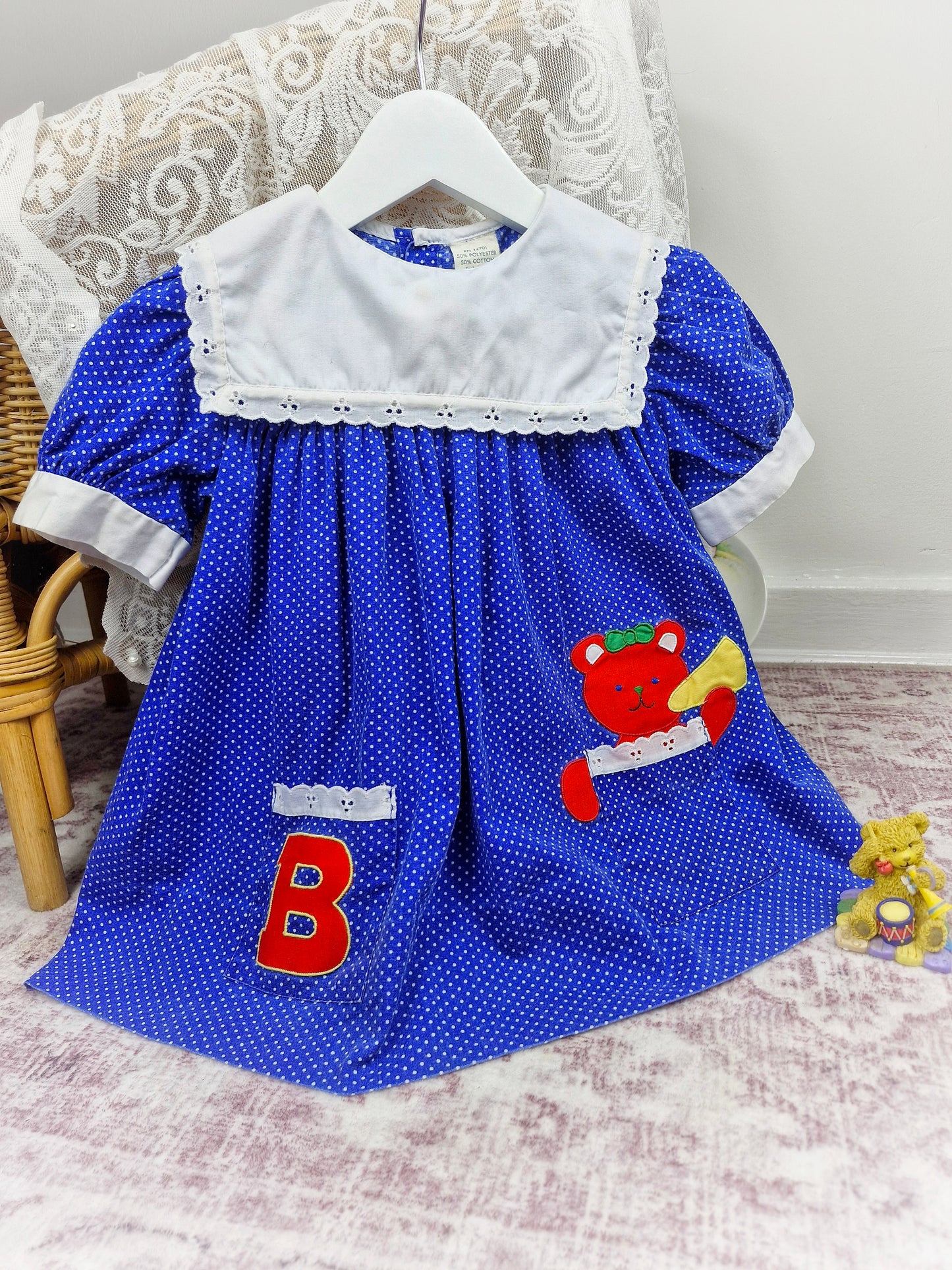 2 years. Blue polka dot vintage dress with teddy bear and letter B, white bib and trim
