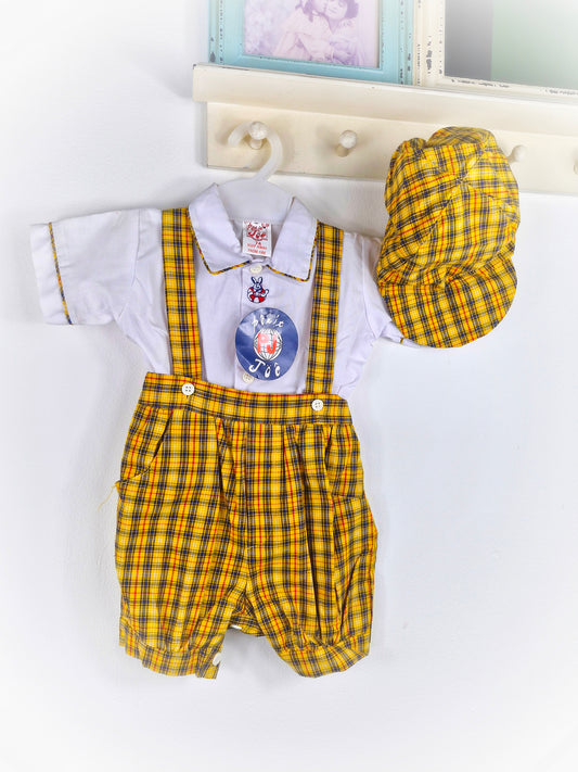 9-12 months. Petit Joe, brand new with tags. 3 piece set, yellow checked dungarees with white shirt and matching hat