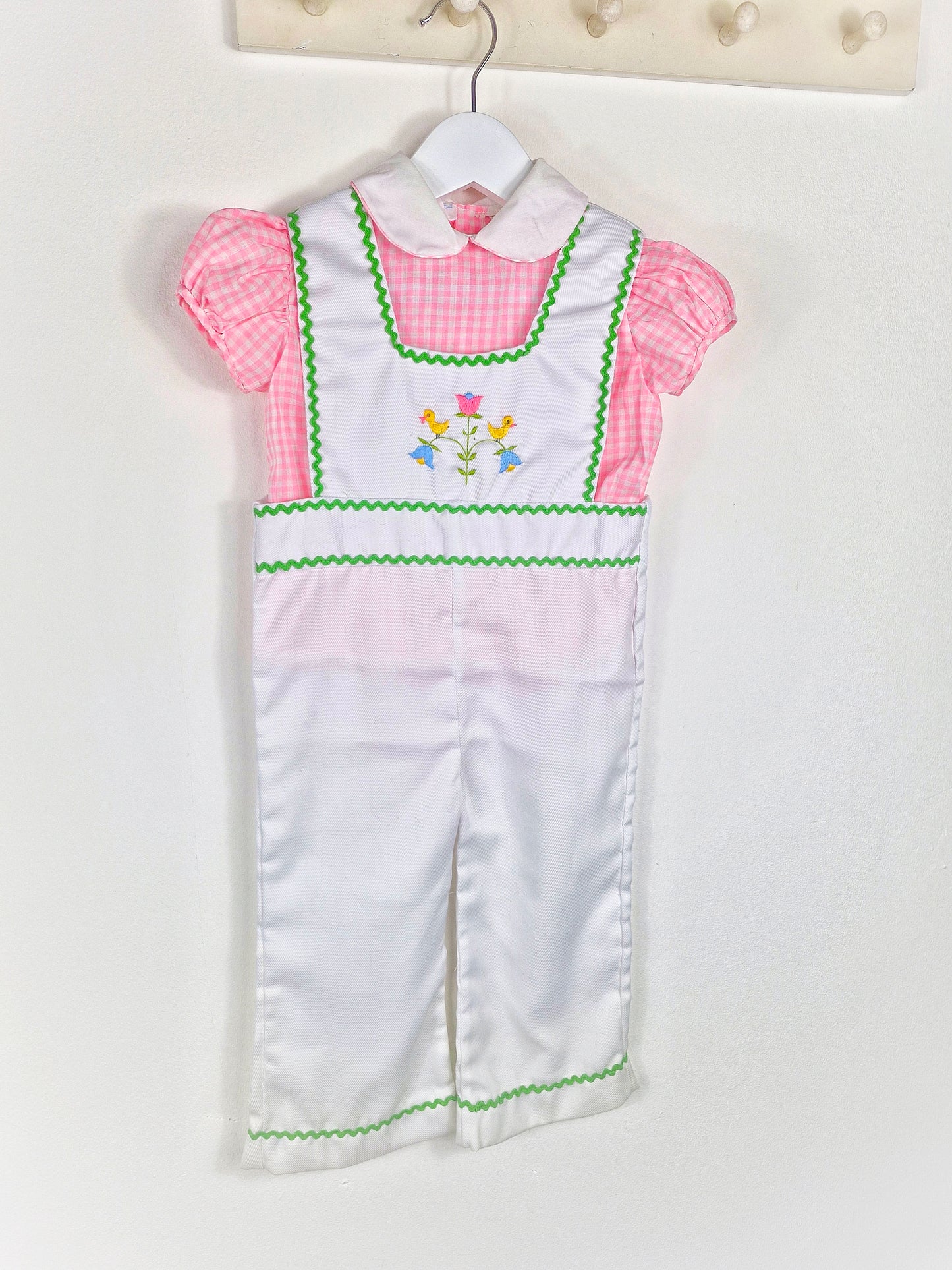 2 years. White dungarees with embroidered birds and flowers & pink and white gingham shirt