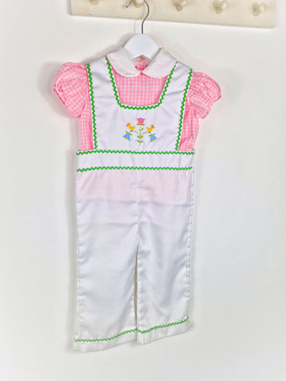 2 years. White dungarees with embroidered birds and flowers & pink and white gingham shirt