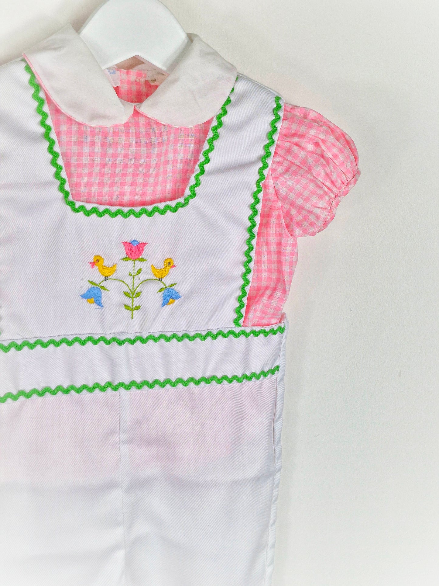 2 years. White dungarees with embroidered birds and flowers & pink and white gingham shirt