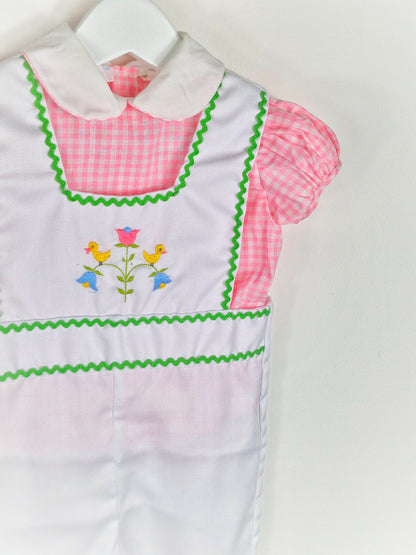 2 years. White dungarees with embroidered birds and flowers & pink and white gingham shirt
