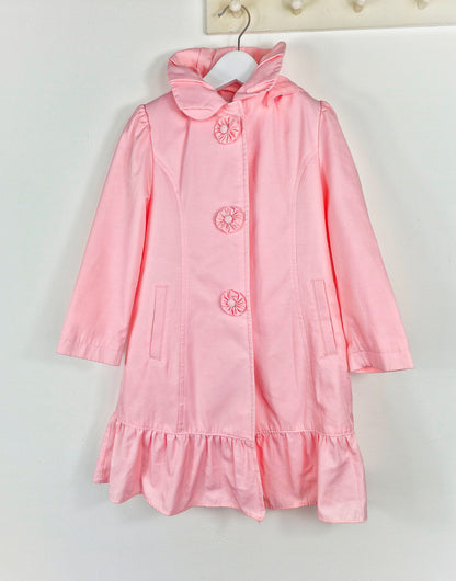 5-6 years. Pink Rothschild coat with frilly hem and collar and detachable hood