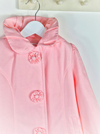 5-6 years. Pink Rothschild coat with frilly hem and collar and detachable hood