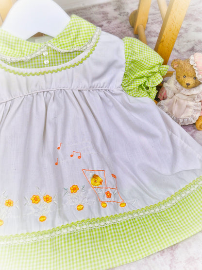 6-9 months. Green and white vintage gingham dress with embroidered ducks on a train