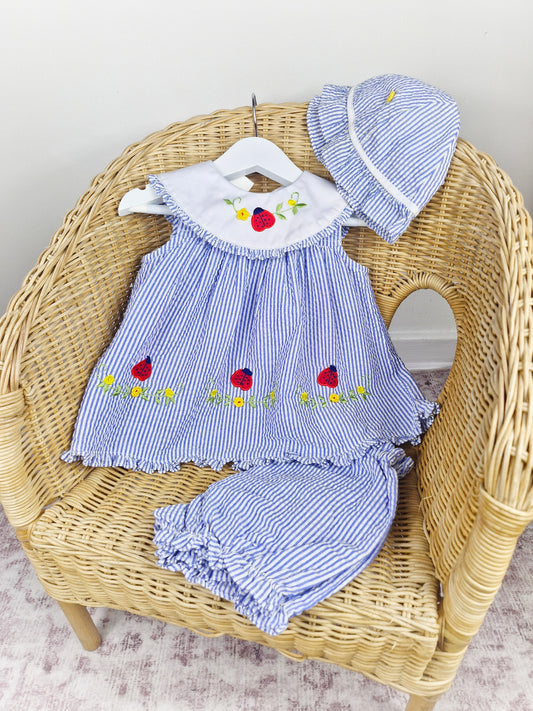 12-18 months. Three piece vintage Itty Bitty set, dress, bloomers and hat with embroidered flowers and ladybugs.