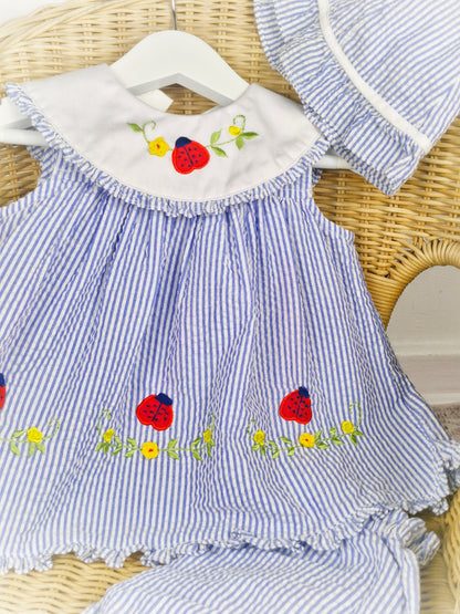 12-18 months. Three piece vintage Itty Bitty set, dress, bloomers and hat with embroidered flowers and ladybugs.