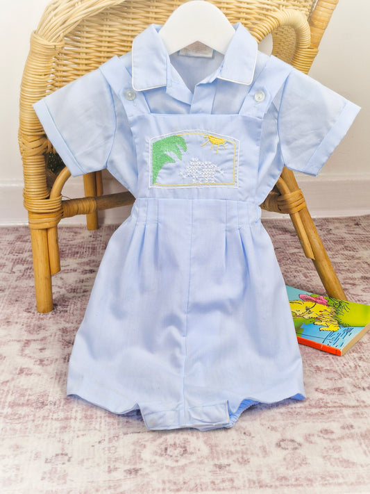 12-18 months. Blue two piece vintage set, shirt and dungarees embroidered design across chest