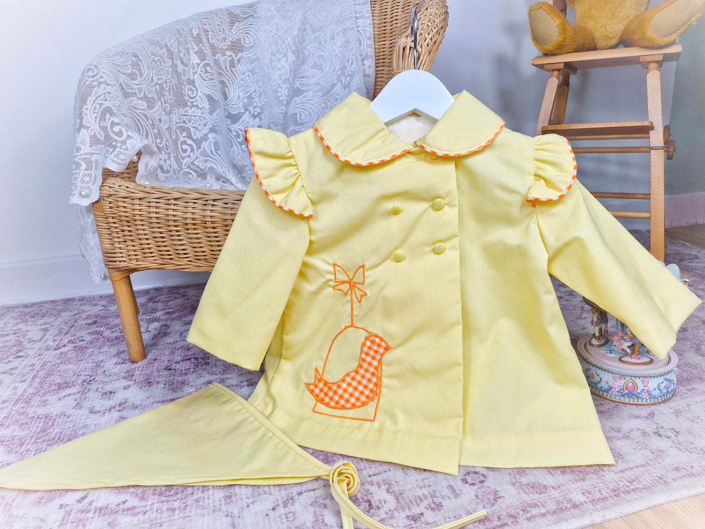 12-18 months. Lemon vintage coat with embroidered birds, flutter shoulders and collar. Comes with matching scarf